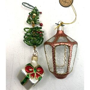 2‎ Vtg CZECH 4.5" Glass Christmas Lantern Ornament & Christmas Tree Dept 56